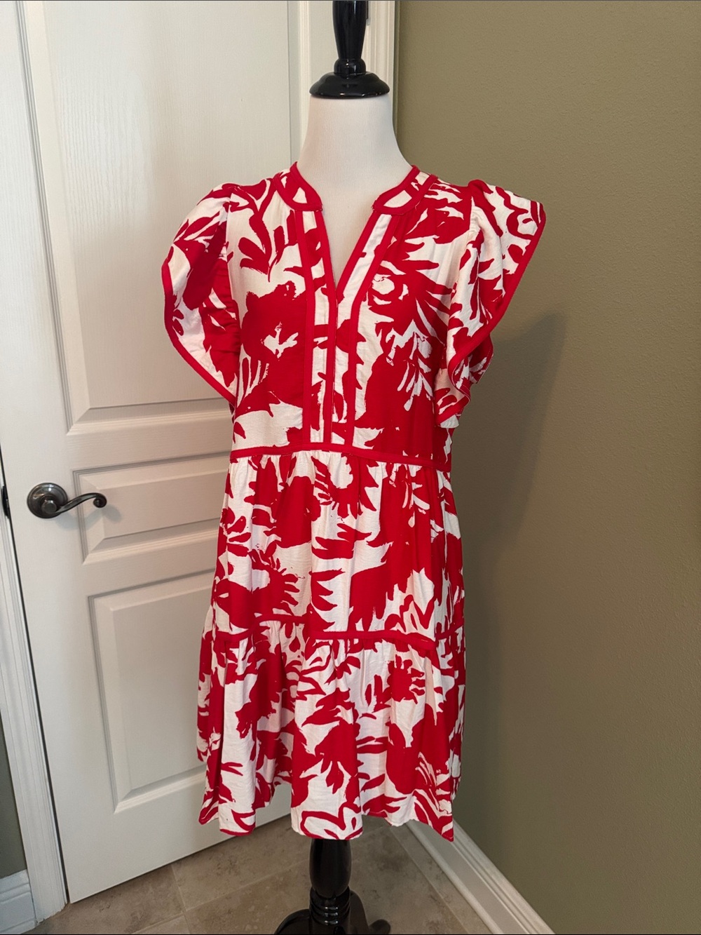 Red and White Floral Flutter Sleeve Dress